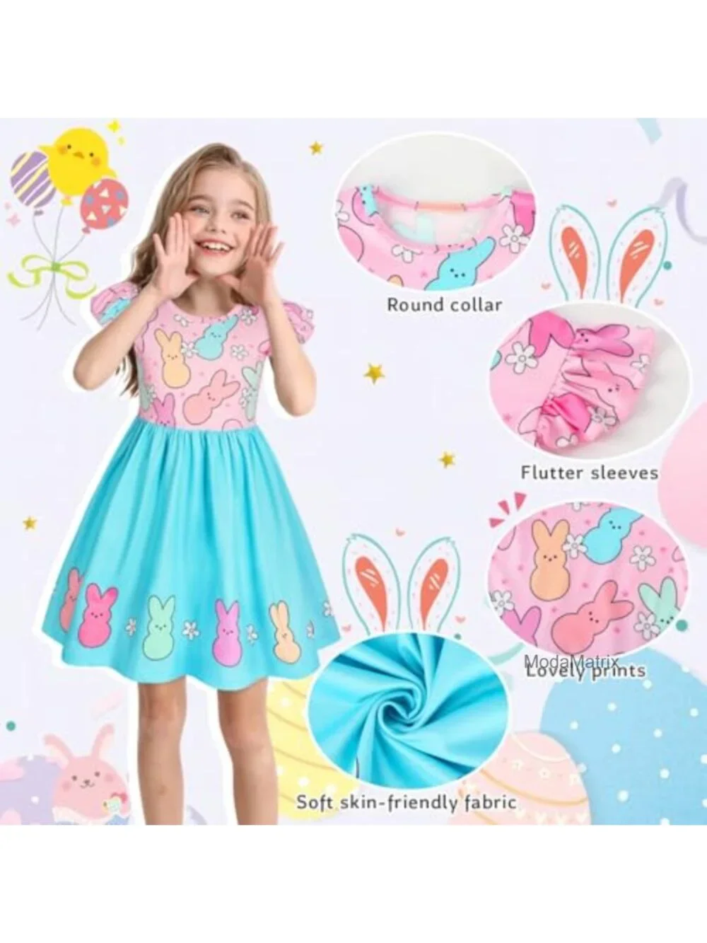 Girls A-Line Midi Flutter Sleeve Dress Casual Printed Stretch